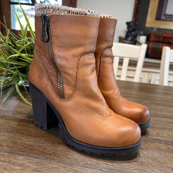 Steve Madden Shoes - Steve Madden Cognac Knit Cuff Leather Boots Side Zip Stacked Heel Womens 8.5M‎